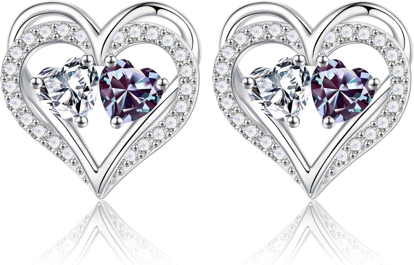 Iefil Birthstone Earrings for Women - 925 Sterling Silver Heart Earrings Anniversary Birthday Gifts for Women Wife Girlfriend Mom