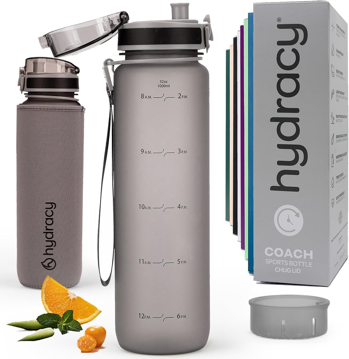 Hydracy Water Bottle with Time Marker -Large BPA Free Water Bottle & No Sweat Sleeve -Leak Proof Gym Bottle with Fruit Infuser Strainer & Times to Drink -Ideal for Fitness Sports & Outdoors