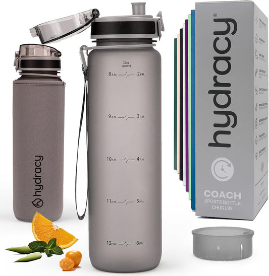 Hydracy Water Bottle with Time Marker -Large BPA Free Water Bottle & No Sweat Sleeve -Leak Proof Gym Bottle with Fruit Infuser Strainer & Times to Drink -Ideal for Fitness Sports & Outdoors