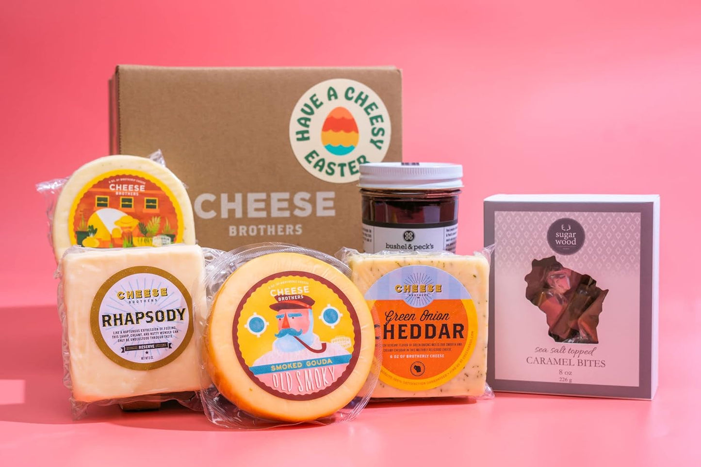 Cheese Bros "Have a Cheesy Easter" Gift Box | Fresh from Wisconsin | Includes Dill Havarti, Assorted Cheddars, Adelheid, Cherry Jam and Sea Salt Caramels | Food Gifting Idea