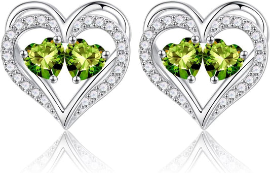 Iefil Birthstone Earrings for Women - 925 Sterling Silver Heart Earrings Anniversary Birthday Gifts for Women Wife Girlfriend Mom