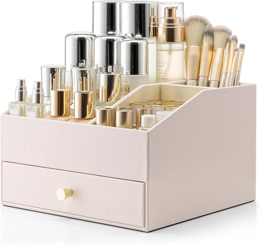 Vlando Makeup Organzier,Vanity Organizer with Drawers, PU Leather Skincare Organizer Perfume Organizer,Large Cosmetic Display Case for Lipstick,Brushes Gifts for Women-Apricot White