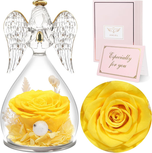 Sunia Preserved Flower Rose Gift for Women - Mother's Day Birthday Gifts for Mom Wife Grandma, Glass Angel Figurines Forever Real Roses Gifts for Her Valentine Day Thanksgiving﻿ (Yellow)