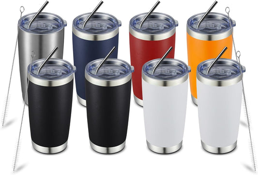 COMOOO 20oz Tumbler with Straw Stainless Steel Insulated Coffee Tumbler Cups Double Wall Vacuum Travel Coffee Mug with Splash Proof Sliding Lid for Hot Cold Drinks (Mix Color,8 Pack)
