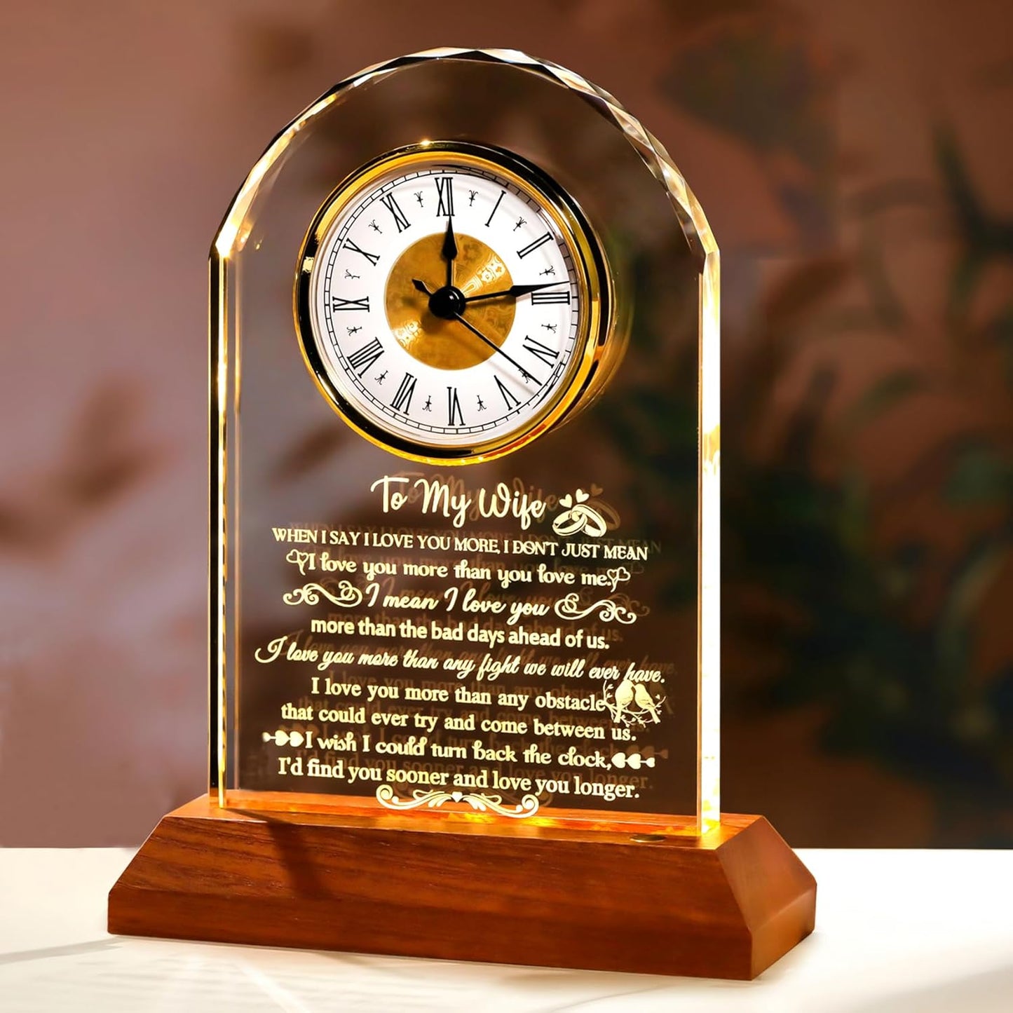 Ornalrist Gifts for Wife from Husband - Crystal Clock with Wooden Light Base, Christmas, Birthday, Wedding Anniversary Wife Gifts Ideas, to My Wife Plaque Presents for Valentine's Mother's Day