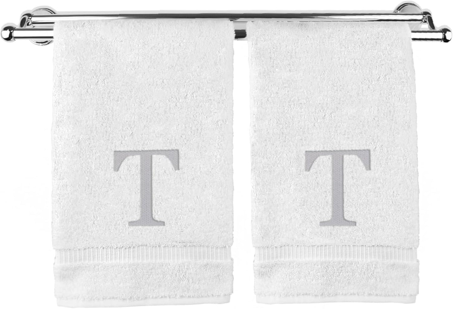 Monogrammed Hand Towel, Personalized Gift, Set of 2- Silver Block Letter Embroidered Towel - Extra Absorbent 100% Turkish Cotton - Soft Terry Finish - Initial T White