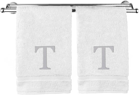 Monogrammed Hand Towel, Personalized Gift, Set of 2- Silver Block Letter Embroidered Towel - Extra Absorbent 100% Turkish Cotton - Soft Terry Finish - Initial T White