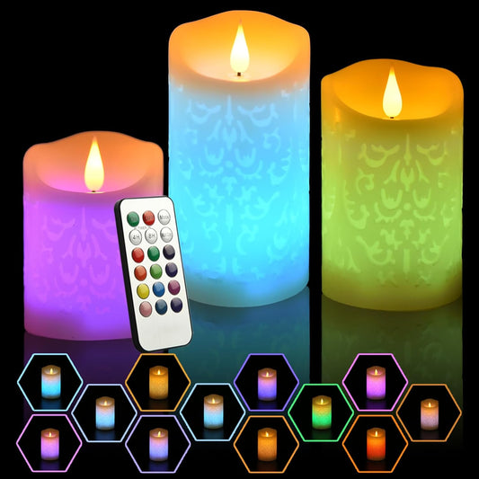NICEME 3PCS LED Multi Colored Flameless Candles with Remote Control Timer Color Changing Candles Realistic Wax Battery Operated Candles with Flickering Flame, D3 x H4 5" 6"