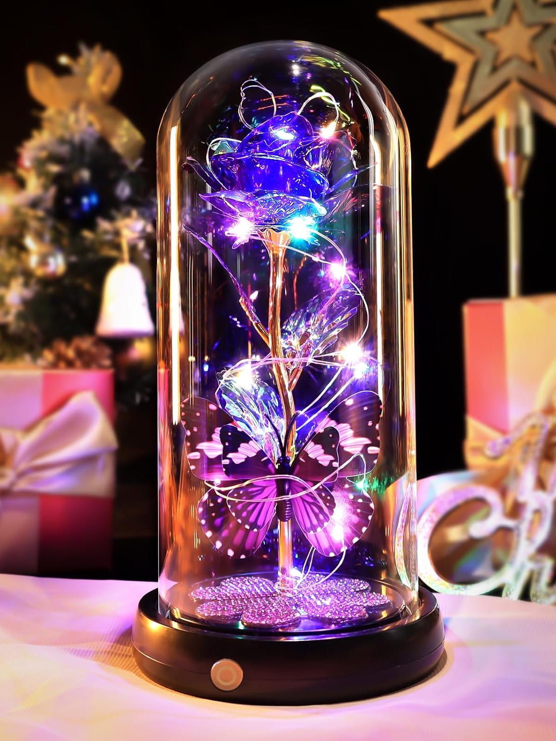 Birthday Gifts for Women Mom, Rechargeable Galaxy Glass Rose Light Up Rose in Glass Dome Crystal Flower Butterfly Gift Anniversary Mothers Day Christmas Roses Gifts for Her Wife Sister Friends Purple