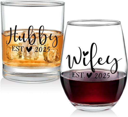 Wedding Gifts for Couples - Hubby & Wifey EST 2025 Wine and Whiskey Glass Set - Engagement, Bridal Shower Gift for Newlyweds Mr. Mrs.