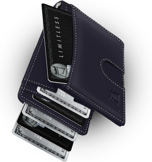Kings Loot Money Clip Slim Minimalist Wallet for Men | RFID Blocking Leather Design with Money Clip | Front Pocket Bifold Holds 12 Cards | Stylish & Compact Wallets (Blue)