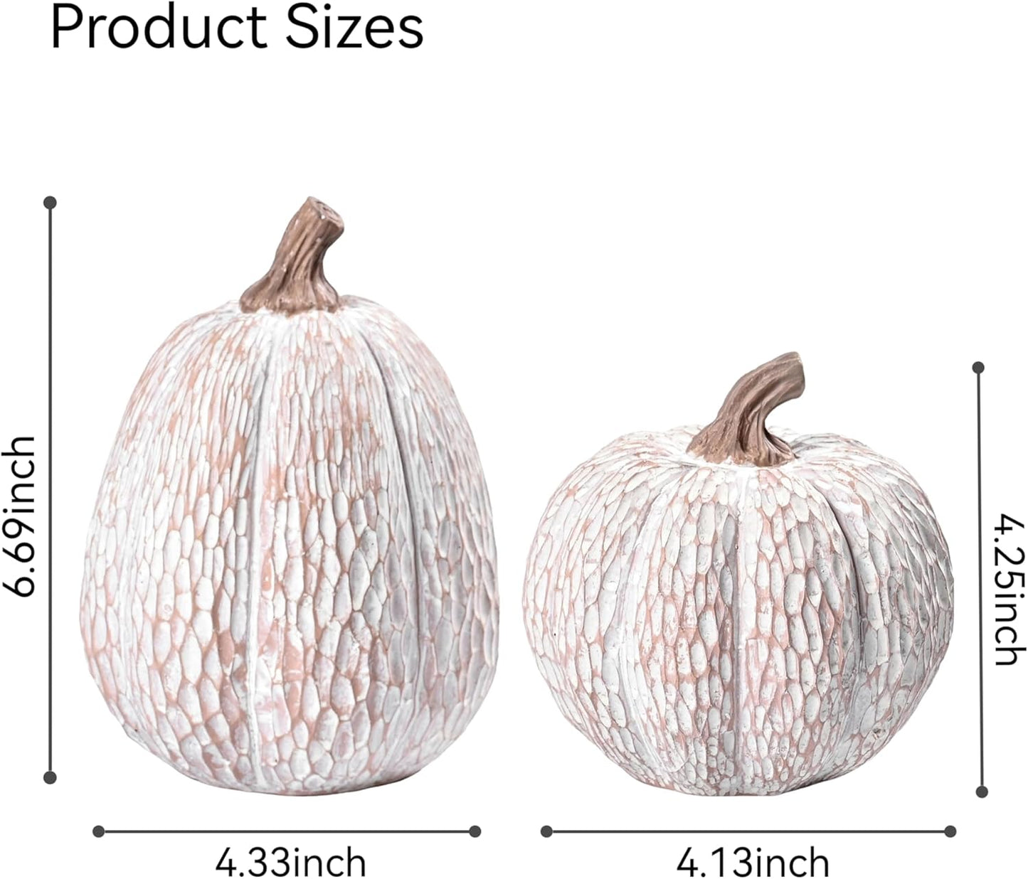 Artificial Pumpkin Decor, Brown and White Decorative Pumpkins, Thanksgiving Resin Pumpkins Figurine Set of 2, Carved Pumpkin Statues for Rustic Fall Tabletop Home Decor, Harvest, Wedding