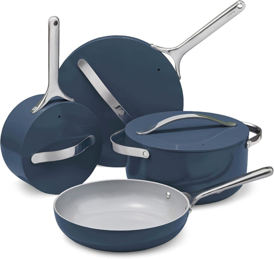 Caraway Nonstick Ceramic Cookware Set (12 Piece) Pots, Pans, Lids and Kitchen Storage - Non Toxic - Oven Safe & Compatible with All Stovetops - Navy