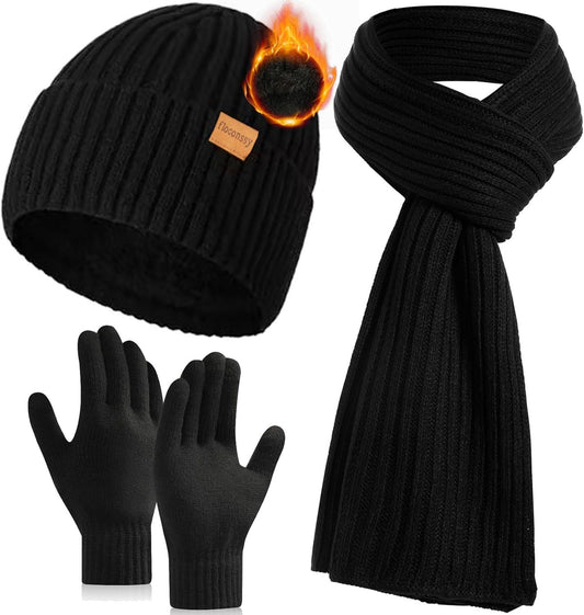 Men's Winter Hat Scarf Gloves Set, 3 PCS Warm Beanie Long Scarf Fleece Lined Touchscreen Gloves for Cold Weather