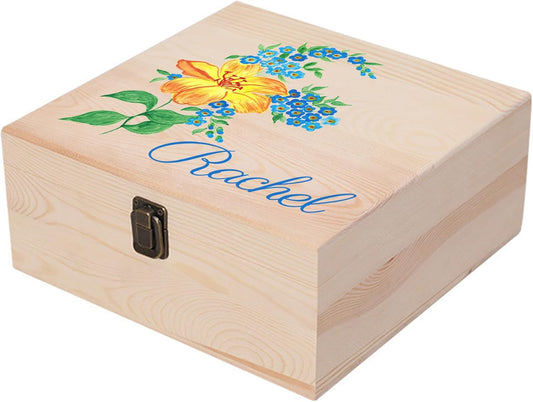 Personalized Wooden Keepsake Memory Box with Birth Flower & Name, Custom Wood Decorative Storage Box with Lids Customized Christmas Gift Box for Women Teen Girls Mom Birthday Gifts