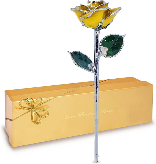 Forever Rose Real Yellow Rose with Platinum Trimmed Petals and Platinum Stem, Handcrafted Preserved Rose in Luxury Gold Gift Box, Romantic Gift for Her, Elegant Gift for Any Occasion