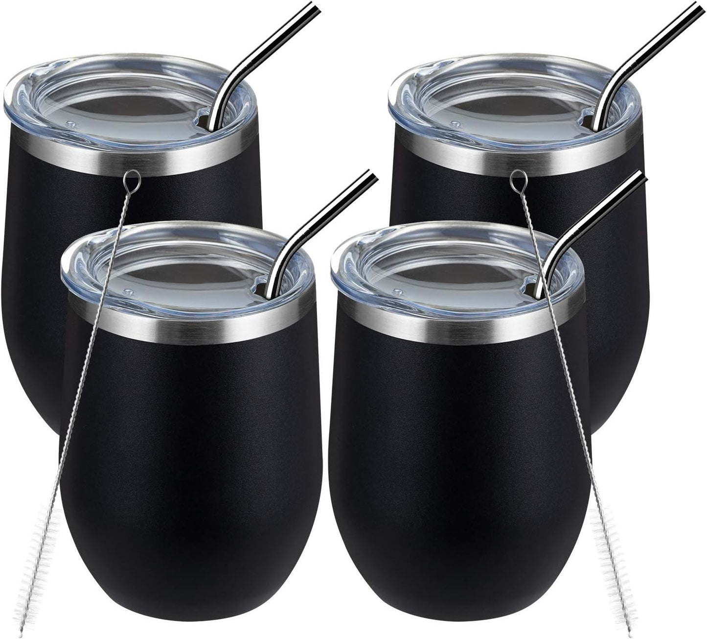 MEWAY 12oz/4 Pack Wine Tumbler Glasses with Lid - Stemless Double Wall Vacuum Stainless Steel Travel Tumbler - Keeping Cold & Hot for Wine,Coffee,Cocktails,Drinks-Family and Gifts (Black,Set of 4)