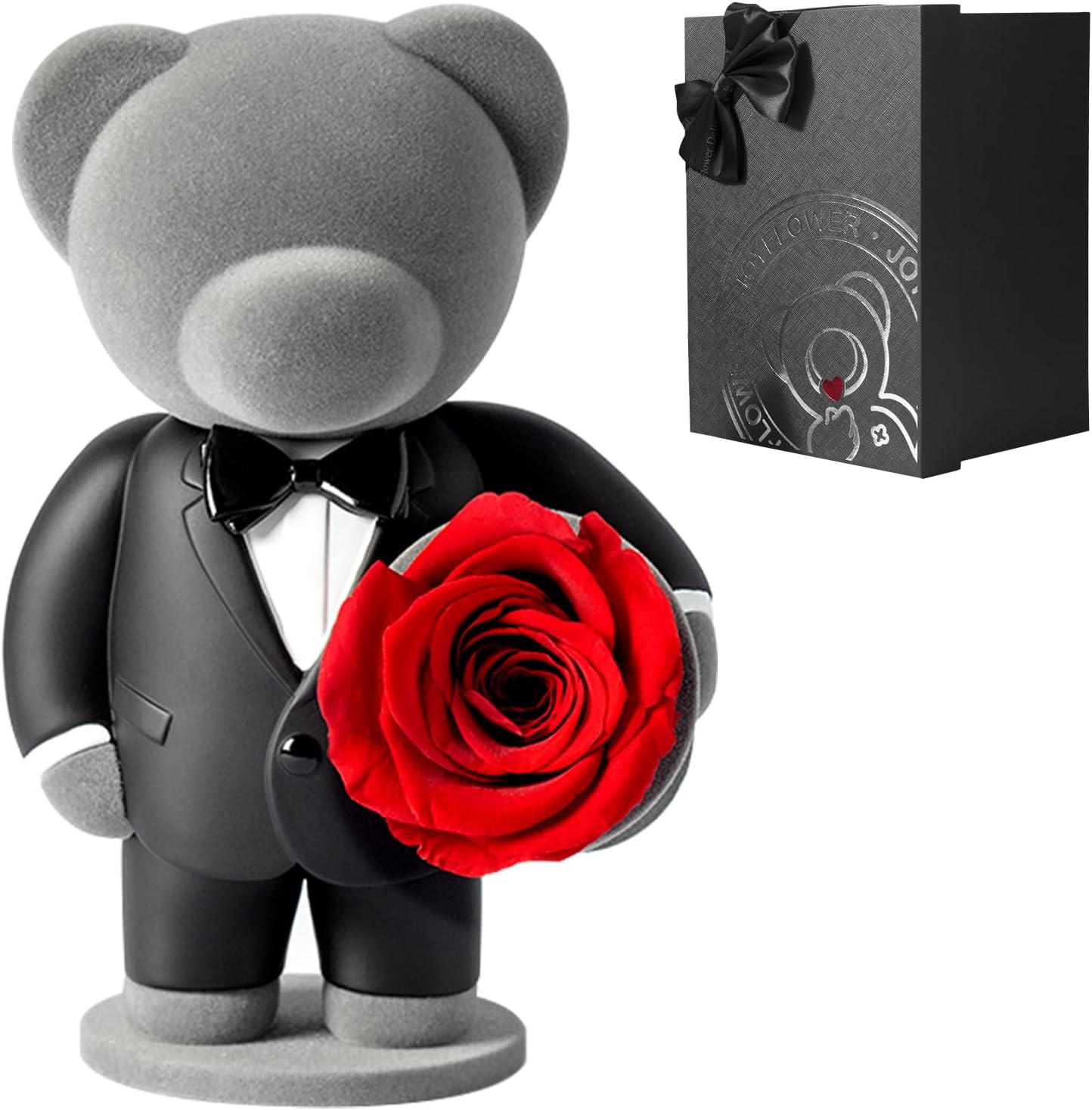 JoyFlower Preserved Flowers with Cute Teddy Bear in Suit, Unique Gentleman Bear Eternal Real Red Rose Romantic Gift with Elegant Gift Box for Girlfriend Wife Her in Valentines Birthday Anniversary