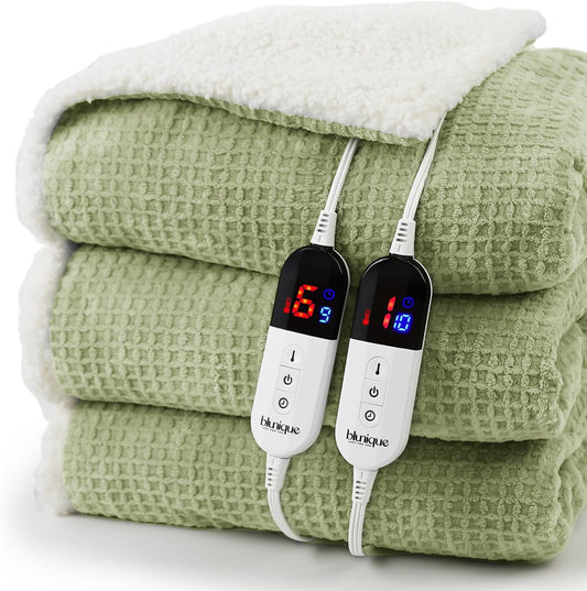 Heated Blanket Electric Blanket King Waffle, 90x100 Inches Dual Controllers Sherpa Fleece Fast Heating Blanket 6 Heating Levels & 10 Hours Auto Off ETL Certification, Sage King