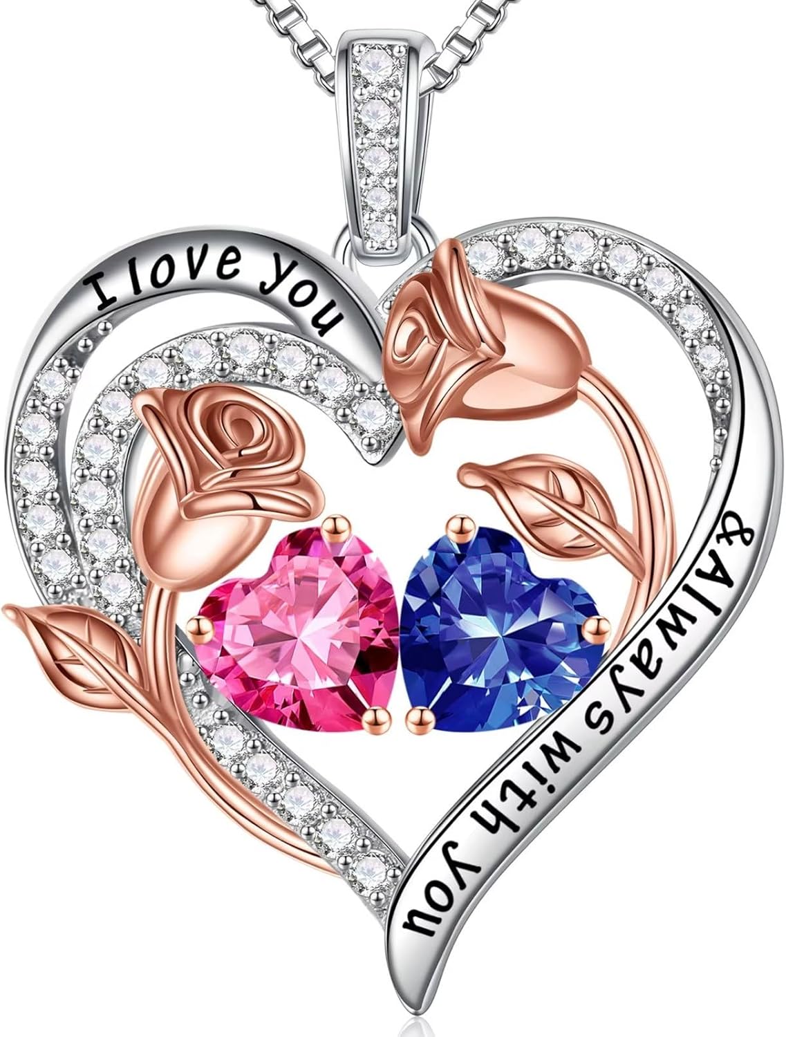 Iefil Birthstone Necklace for Women - 925 Sterling Silver Rose Heart Birthstone Necklace Birthday Anniversary Jewelry Gifts for Her Wife Mom Daughter