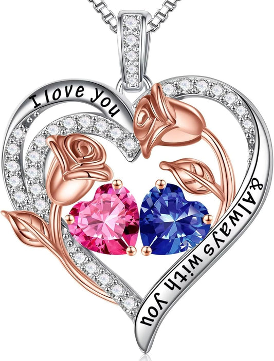 Iefil Birthstone Necklace for Women - 925 Sterling Silver Rose Heart Birthstone Necklace Birthday Anniversary Jewelry Gifts for Her Wife Mom Daughter