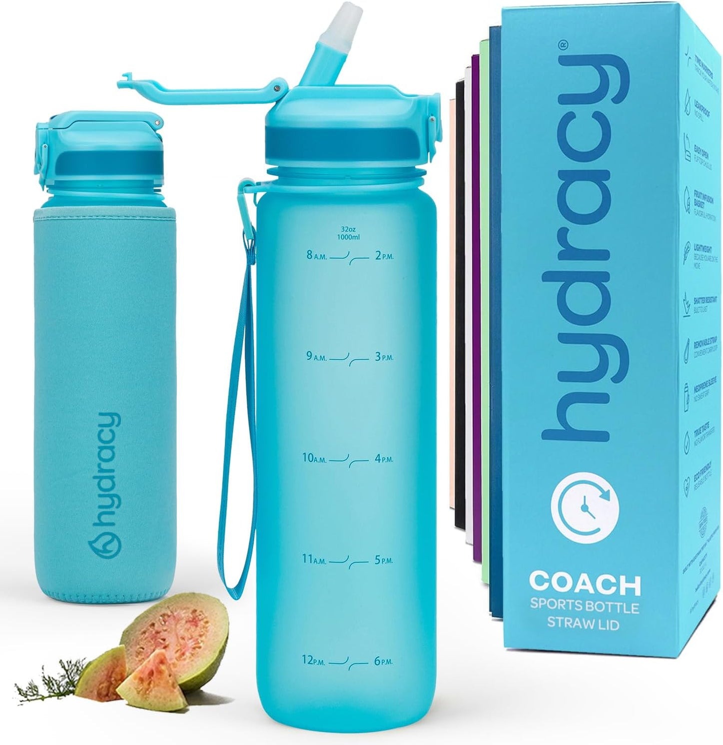 Hydracy Water Bottle with Time Marker -Large BPA Free Water Bottle & No Sweat Sleeve -Leak Proof Gym Bottle with Fruit Infuser Strainer & Times to Drink -Ideal for Fitness Sports & Outdoors