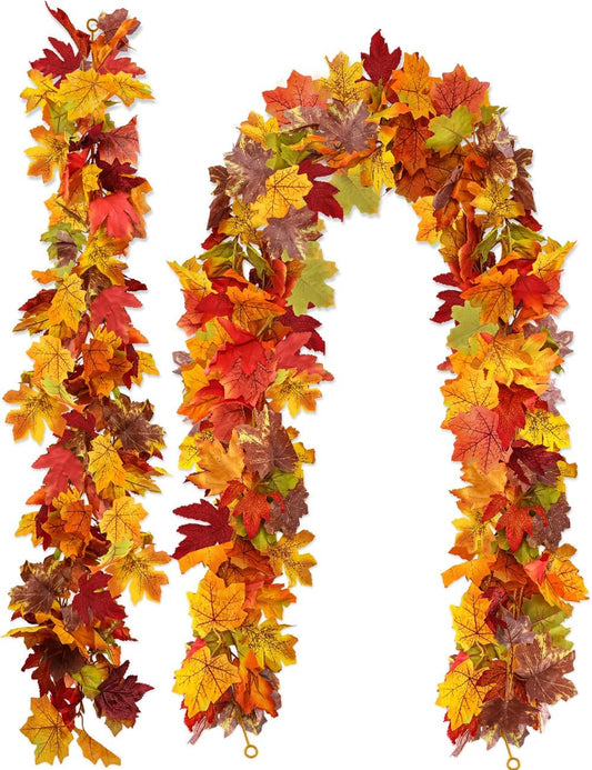wohohoho 2 Packs Fall Garland Maple Leaf, 5.9Ft/Pieces Fall Leaves Garland 7 Maple Leaves Hanging Vines for Autumn Decor Halloween Thanksgiving Christmas Indoor Outdoor Decorations