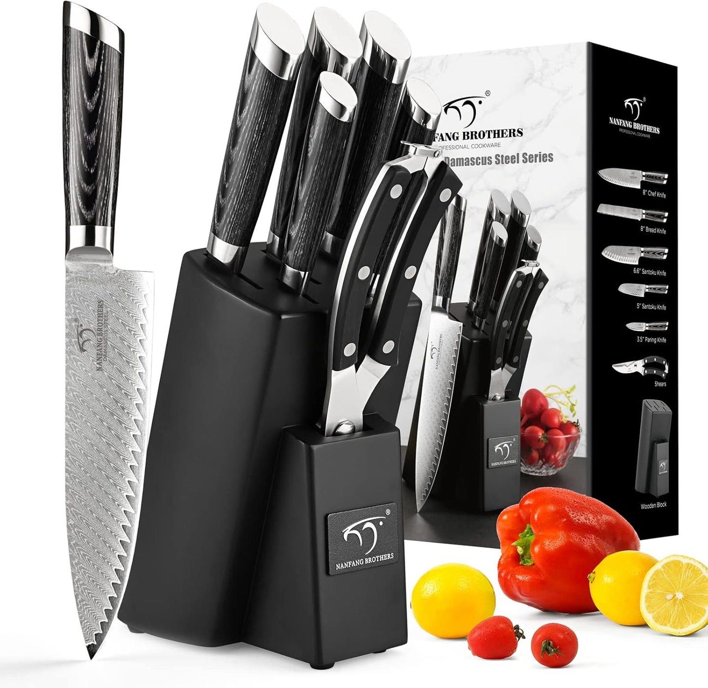 NANFANG BROTHERS Knife Set, 7-Piece Damascus Kitchen Knife Set with Block, ABS Ergonomic Handle for Chef Knife Set, Kitchen Shears, Knife Block Set