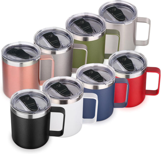Volhoply 14oz Insulated Stainless Steel Coffee Mug with Lid Bulk 8 Pack,Double Wall Vacuum Travel Coffee Cup with Handle,Reusable Metal Cups Tumbler Cup, Camping Mugs,Ideal Gifts(Mix,8)