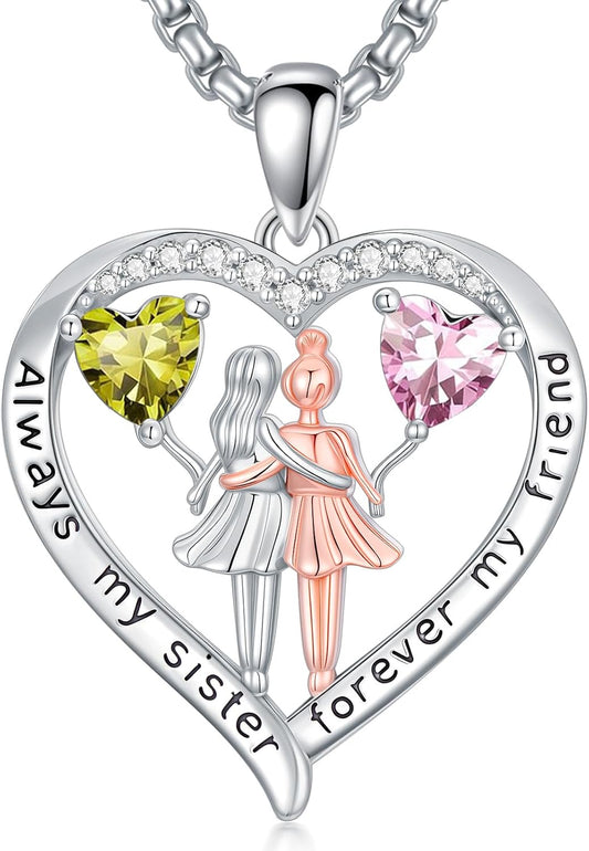 Always My Sister Forever My Friend Birthstone Pendant Necklace Women Jewelry Christmas Valentine Mothers Day Birthday Gifts for Women Sister From Sister