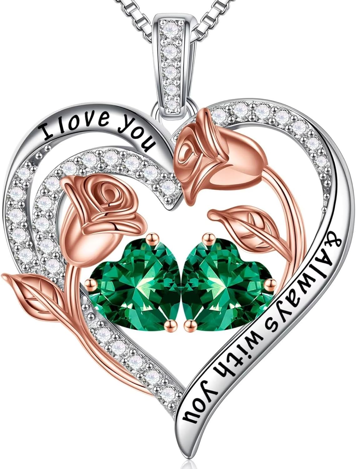 Iefil Birthstone Necklace for Women - 925 Sterling Silver Rose Heart Birthstone Necklace Birthday Anniversary Jewelry Gifts for Her Wife Mom Daughter