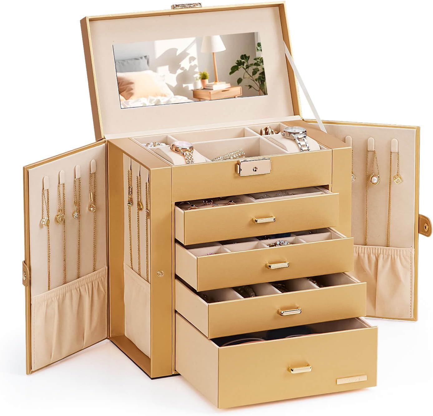 Homde Synthetic Leather Huge Jewelry Box Mirrored Watch Organizer Necklace Ring Earring Storage Lockable Gift Case (Gold)