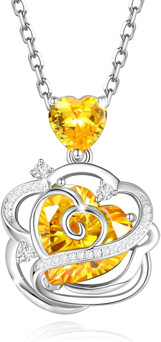 FANCIME Thornless Pulse Birthstone Necklace for Women Sterling Silver Rose Pendant Fine Jewelry Gemstone Birthday Christmas Gifts for Wife Her