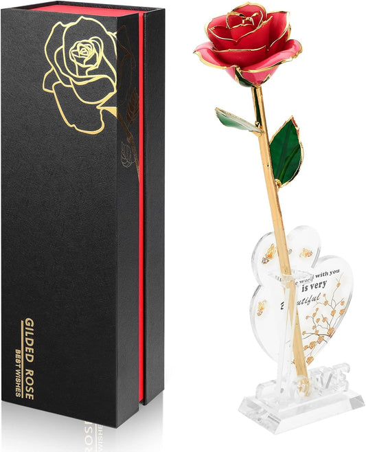 Gold Dipped Infinity Rose Last Forever Flower Decor, Birthday Gift for Women in Her Birthday Mothers Day, Resin Preserved Rose | Anniversary Present for Mom (Pink)