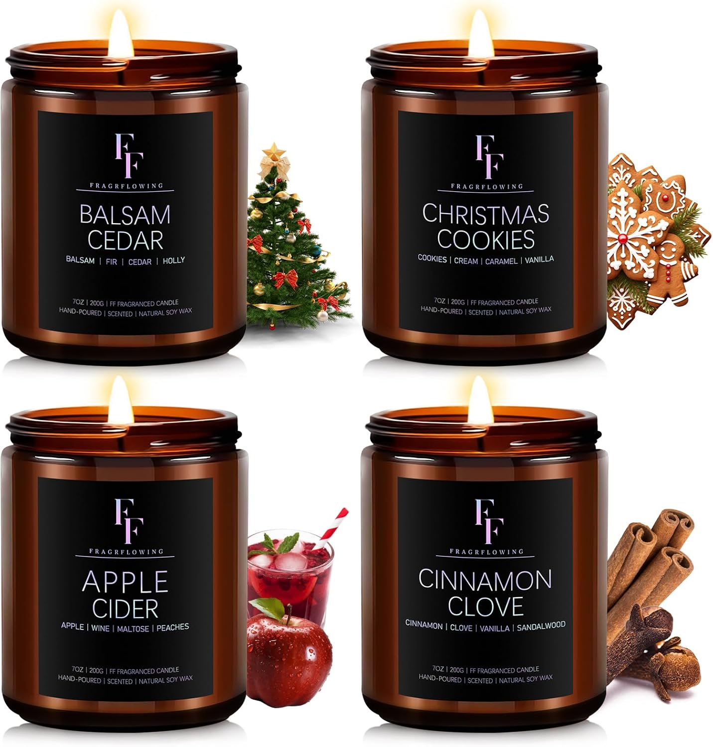Christmas Scented Candles for Home, 4 Pack Holiday Natural Soy Candles, Christmas Gifts for Women Men, Winter Fragrance of Balsam Cedar/Cookies/Apple Cider/Cinnamon