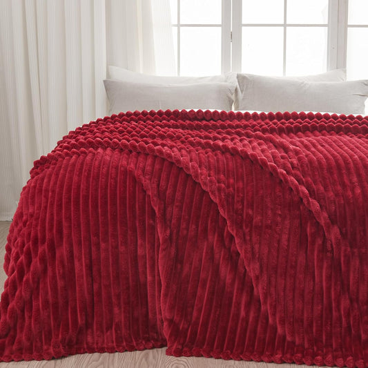 NEWCOSPLAY Super Soft King Blanket Red Premium Silky Flannel Fleece 3D Ribbed Jacquard Lightweight Bed Blanket All Season Use (Red Ribbed, King(90"x110"))