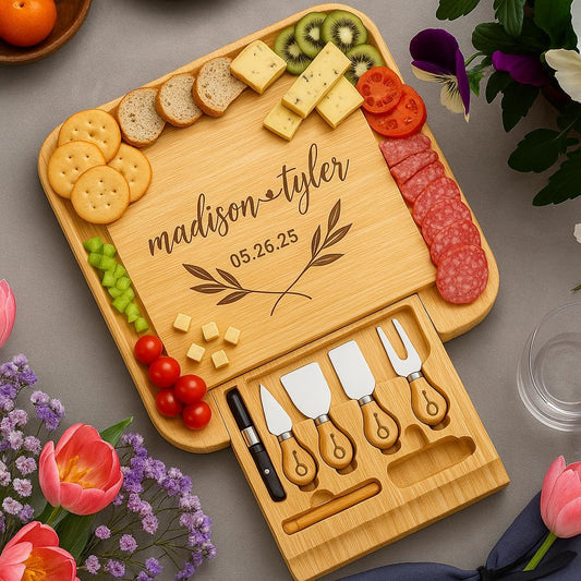Personalized Charcuterie Board Gift Set - Custom Engraved Charcuterie Boards, Bamboo Cheese Board & Meat Platter - Wedding Gifts, Housewarming Gift for New Home, Anniversary, Birthday Present