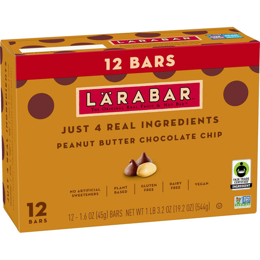 Larabar Peanut Butter Chocolate Chip, Fruit and Nut Bars, Gluten Free and Vegan, 19.2 oz, 12 Ct