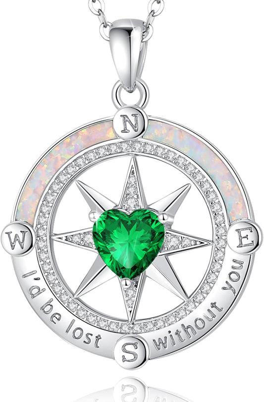 FANCIME Compass Necklace for Women Sterling Silver Compass Jewelry Opal Pendant Fine Jewelry Gemstone Birthday Mother's Day Gifts for Wife