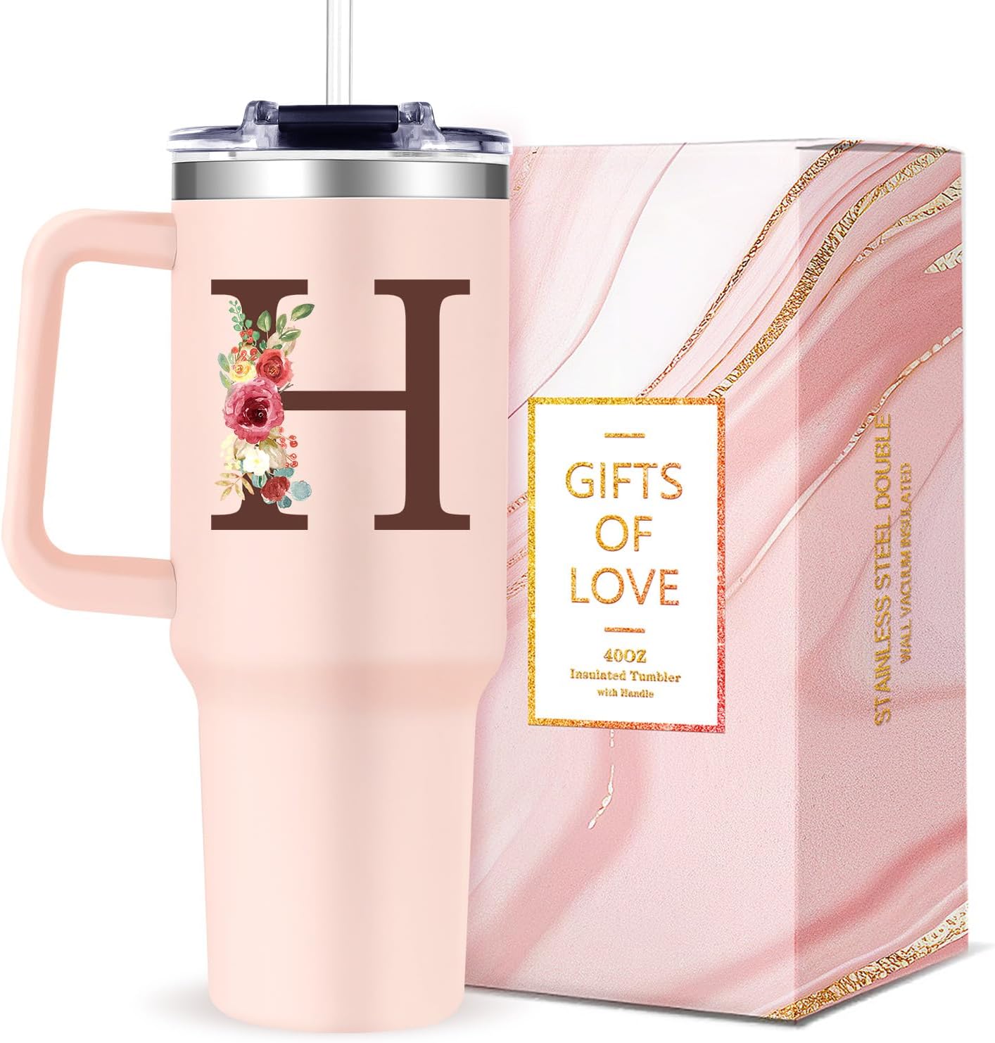 Monogrammed 40oz Tumbler with Handle for Women, Personalized Birthday Gifts for Women,Initial Cups for Woman Floral Letter H,Customized Gifts for Female Lady Gift for Mothers Day Christmas
