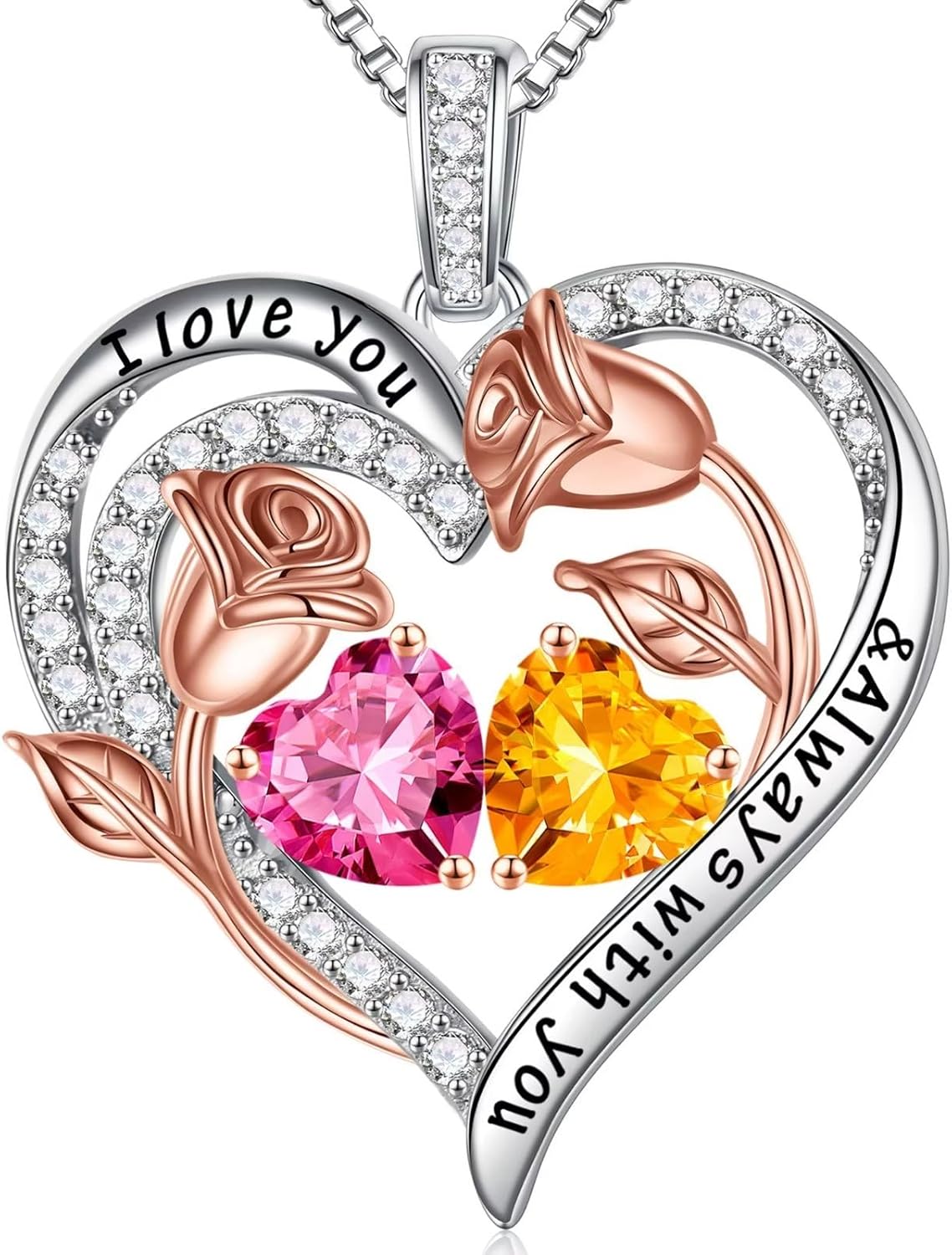 Iefil Birthstone Necklace for Women - 925 Sterling Silver Rose Heart Birthstone Necklace Birthday Anniversary Jewelry Gifts for Her Wife Mom Daughter