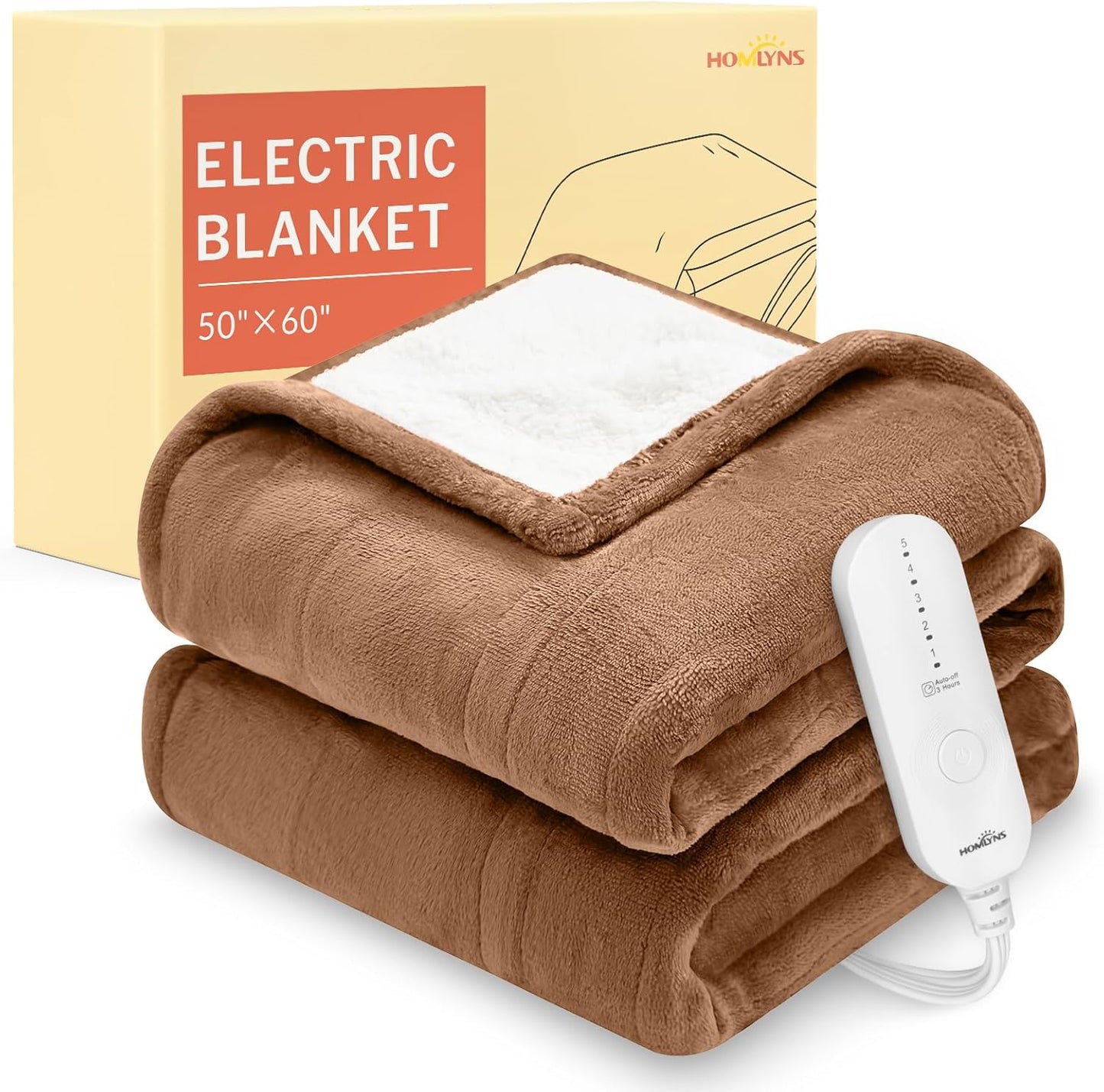 HOMLYNS LuxeHeat Heated Blanket Electric Blanket, Soft Flannel Sherpa Heated Throw, Heating Blanket with 5 Heat Settings, 3 hrs Timer Auto Shut Off (50x60 inches, Coffee)