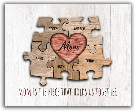 Personal-Prints MOM & Children Personalized HEART Puzzle Wall Art | Unique Customized with up to 8 Names | Mother’s Day, Birthday or Christmas Gift (11"x14" Stretched Canvas, 5 Children)