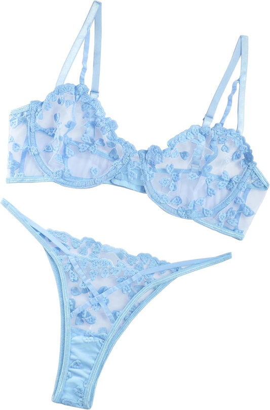 Lilosy Sexy Underwire Cute Push Up Strappy Embroidered Mesh Sheer Lingerie Set See Through Panty Bra