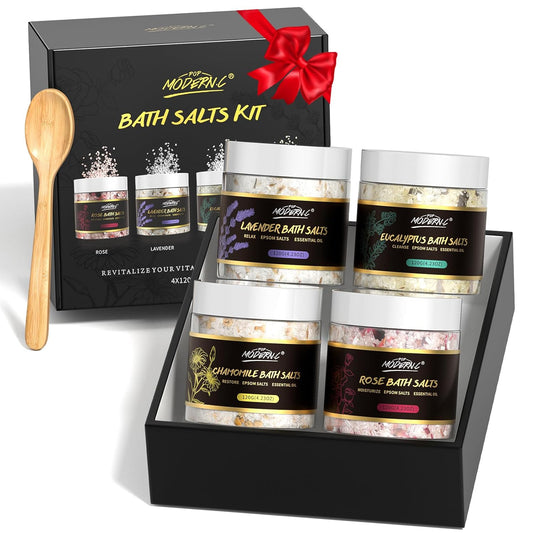 Epsom Bath Salts Gift Set for Soaking 4pcs Bath Salts with Essential Oils for Women Relaxing Lavender Eucalyptus Rose Chamomile Bath Set for Women Luxury Spa Birthday Mother's Day Christmas Gift