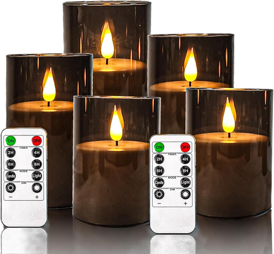 NICEME Gray Flickering Flameless Candles, Battery Operated Acrylic LED Pillar Candles with Remote Control and Timer Flameless Halloween Candles for Christmas New Year Home Decor, Set of 5