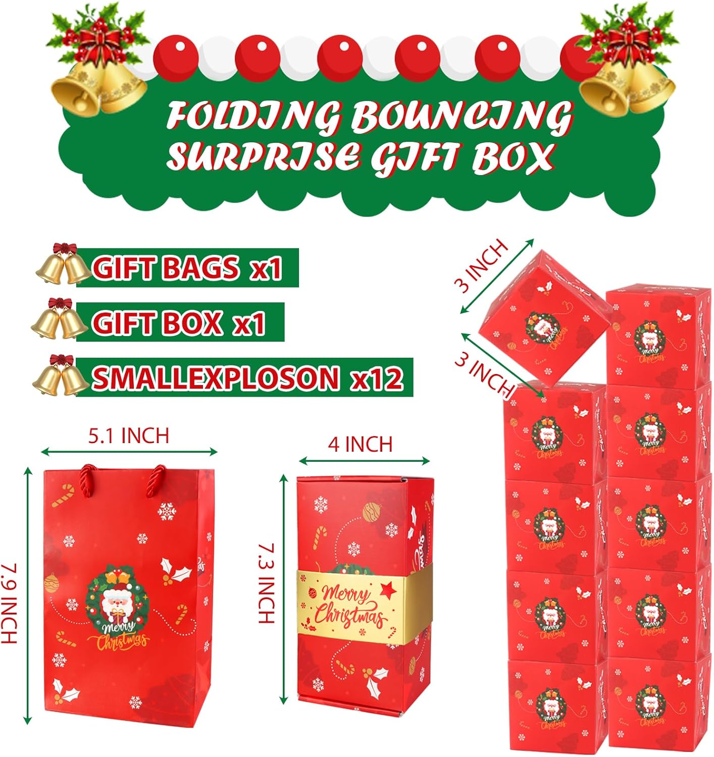 12pcs Surprise Gift Box Explosion, Merry Christmas Folding Bouncing Envelope (Red)