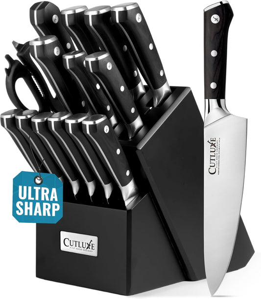 Cutluxe 15-Piece Knife Set – Premium Black Wood Block – Knife Set for Kitchen, Ultra Sharp High Carbon German Stainless Steel, Full Tang – Artisan Series