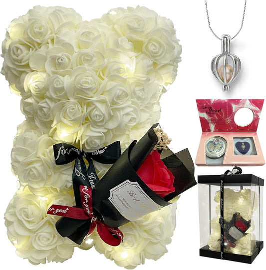 for Mom Grandma White Rose Flower Teddy Bear Blind Box Pearl Necklace for Valentine’s Day Birthday for Her, Wife Girlfriend Women Gift Wedding Anniversary Home Decor