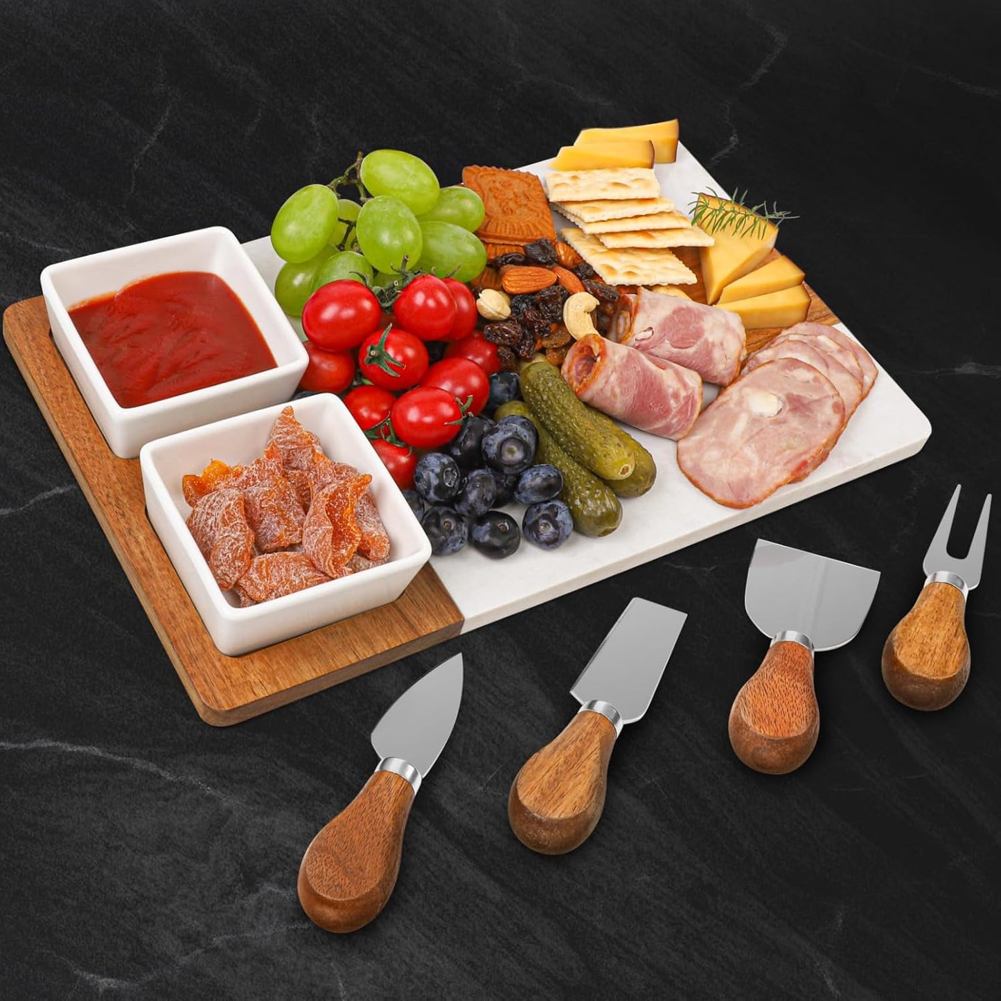 Charcuterie Board Set, Marble Cheese Boards, 13" Wood - Marble Cheese Board Set for Couples 2025, Bridal Shower, Housewarming Gifts New Home, Gifts for Women